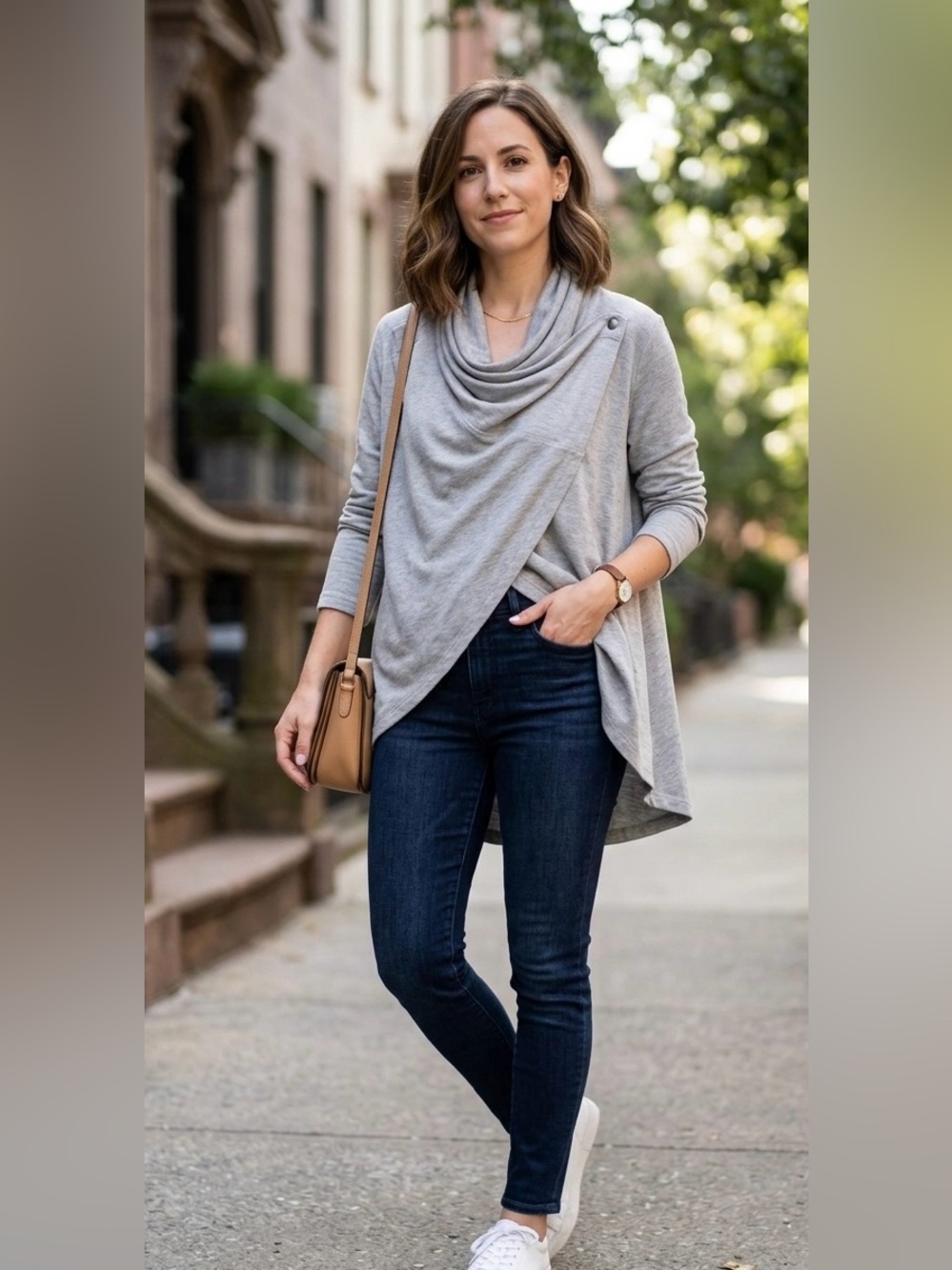 Drew New York Heather Grey Draped Cowl Neck Asymmetric Wrap Top - M